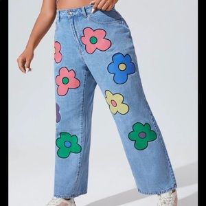 Floral Straight Jeans - High Waisted